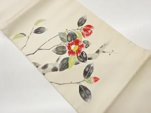 塩瀬金彩手描き椿に枝葉模様開き名古屋帯（額縁仕立て）